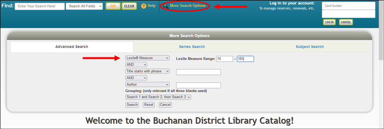 Screenshot of BDL's catalog page showing more search options and search by Lexil Measure