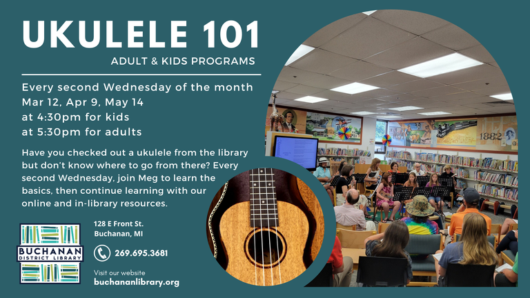 photo of BDL's ukulele club concert and a ukulele, along with the library's logo and contact info, as well as the text describing the Ukulele 101 event, which is the same as the article to the right