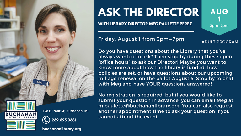 Photo of Library Director Meg Paulette Perez, along with the library's logo and contact info, as well as the text describing the Ask the Director  event, which is the same as the following article 