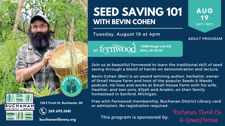 Photo of Bevin Cohen holding a basket of produce, as well as Fernwood's logo, along with the library's logo and contact info, as well as the text describing the Seed Saving event, which is the same as the following article 