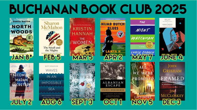 Text "Buchanan Book Club 2025" and the dates and images of the book covers listed below