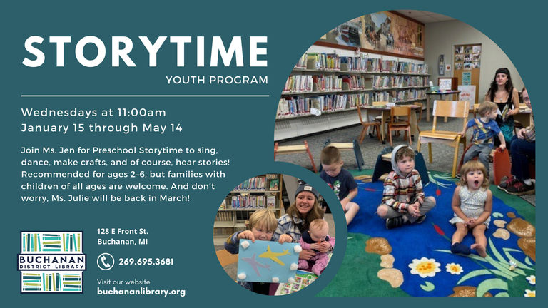 Photos of children and parents at BDL's storytime,  along with the library's logo and contact info, as well as the text describing the storytime event, which is the same as the following article 