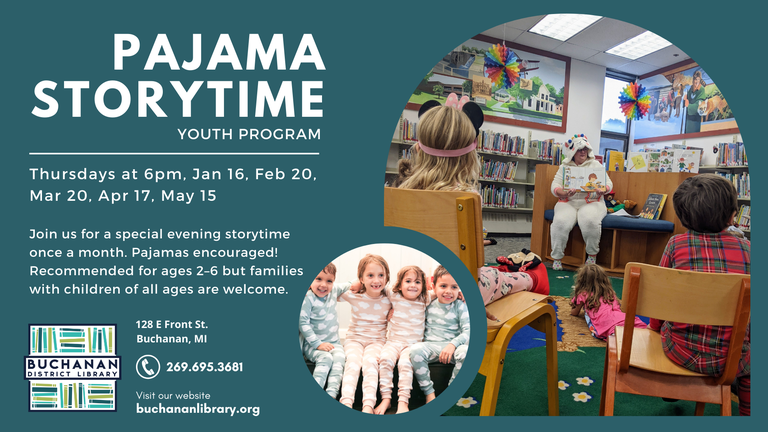Photo of children in pajamas and Miss Julie in a llama onesie at BDL's Pajama Storytime,along with the library's logo and contact info, as well as the text describing the pajama storytime event, which is the same as the following article  