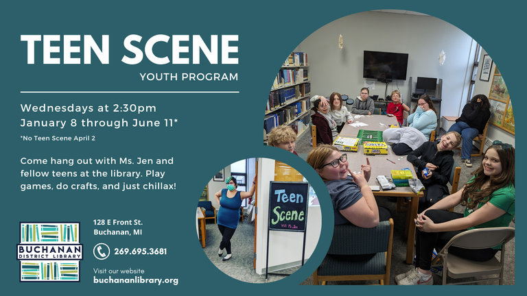 Photos of Miss Jen and teens from BDL's Teen Scene, along with the library's logo and contact info, as well as the text describing the Teen Scene event, which is the same as the following article 