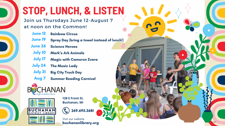 Borders of colorful half circles, with images of smiling sun, butterfly, and flowers, and a photo of children and an adult storyteller on the common stage along with the library's logo and contact info, as well as the text describing the stop, lunch, & listen event, which is the same as the following article 