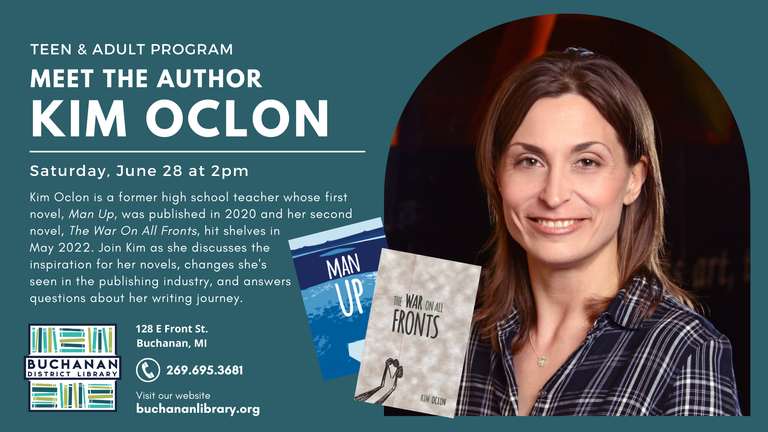 Photo of author Kim Oclon along with the library's logo and contact info, as well as the text describing the author event, which is the same as the following article 