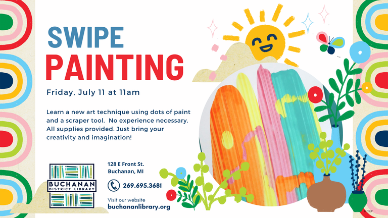 Borders of colorful half circles, with images of smiling sun, butterfly, and flowers, and a photo of orange, yellow, pink, and turquoise paint streaks  along with the library's logo and contact info, as well as the text describing the painting event, which is the same as the following article 