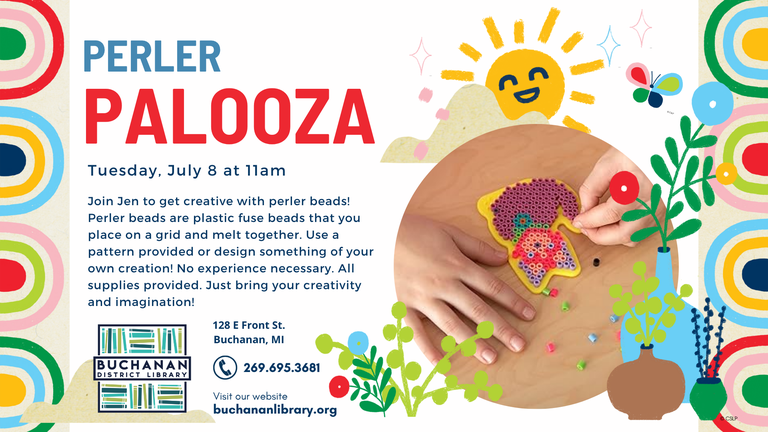 Borders of colorful half circles, with images of smiling sun, butterfly, and flowers, and a photo of a perler bead cat  along with the library's logo and contact info, as well as the text describing the perler bead event, which is the same as the following article 