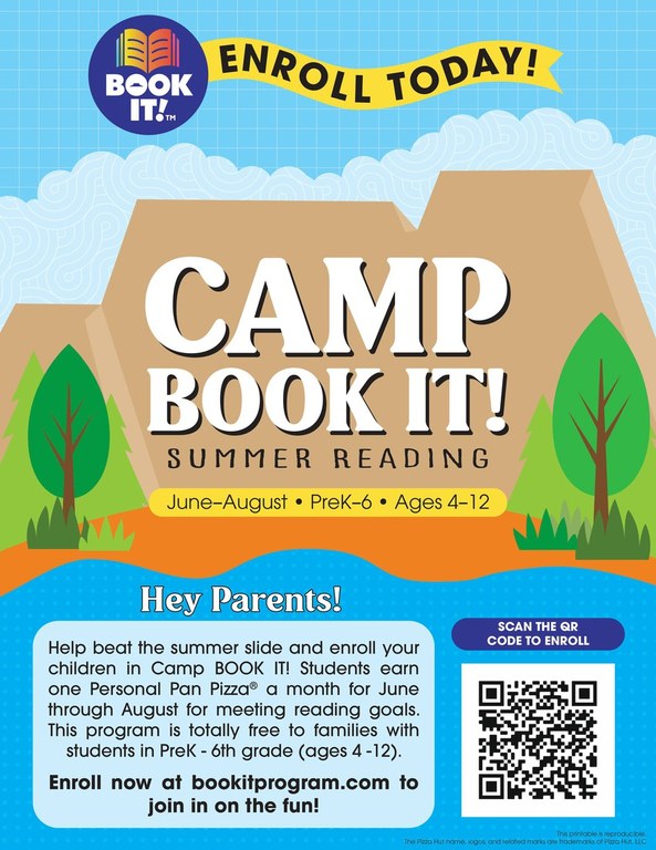Graphic of mountains, sky, trees, and water with Pizza Hut's Book it! logo and the text "enroll today. camp book it! summer reading. June-August PreK-6 Ages 4-12" and the info found in the following article.