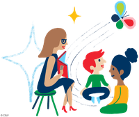 woman reading a book to a boy, a girl and a butterfly
