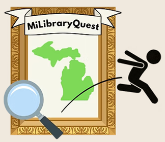 MiLibraryQuest 2025 Logo- A framed map of Michigan with a magnifying glass and an icon of a person jumping from the frame