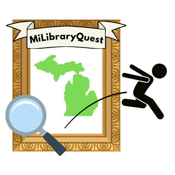 MiLibraryQuest 2025 Logo- A framed map of Michigan with a magnifying glass and an icon of a person jumping from the frame