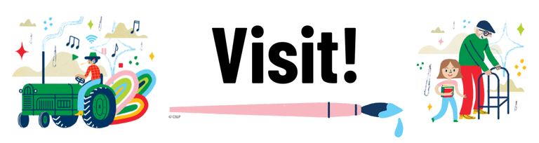 graphic of a farmer on a tractor and a gentleman with a walker walking with a girl, with the text "Visit"! underlined by a paintbrush